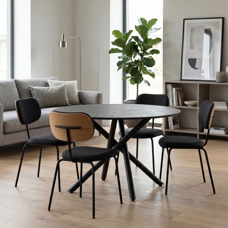 Table ronde design + 4 chaises tissu noir et métal noir - AMAEL
