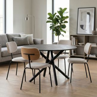 Table ronde design + 4 chaises tissu beige et métal noir - AMAEL
