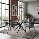 Table ronde design + 4 chaises PU gris bleuté et métal noir - AMAEL