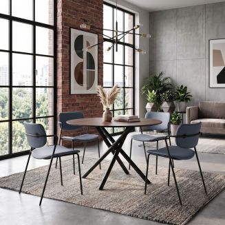 Table ronde design + 4 chaises PU gris bleuté et métal noir - AMAEL
