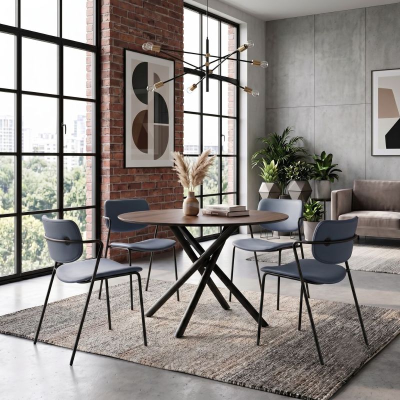 Table ronde design + 4 chaises PU gris bleuté et métal noir - AMAEL
