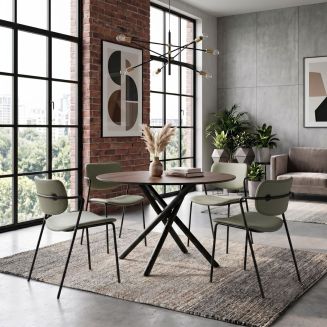 Table ronde design + 4 chaises PU vert et métal noir - AMAEL