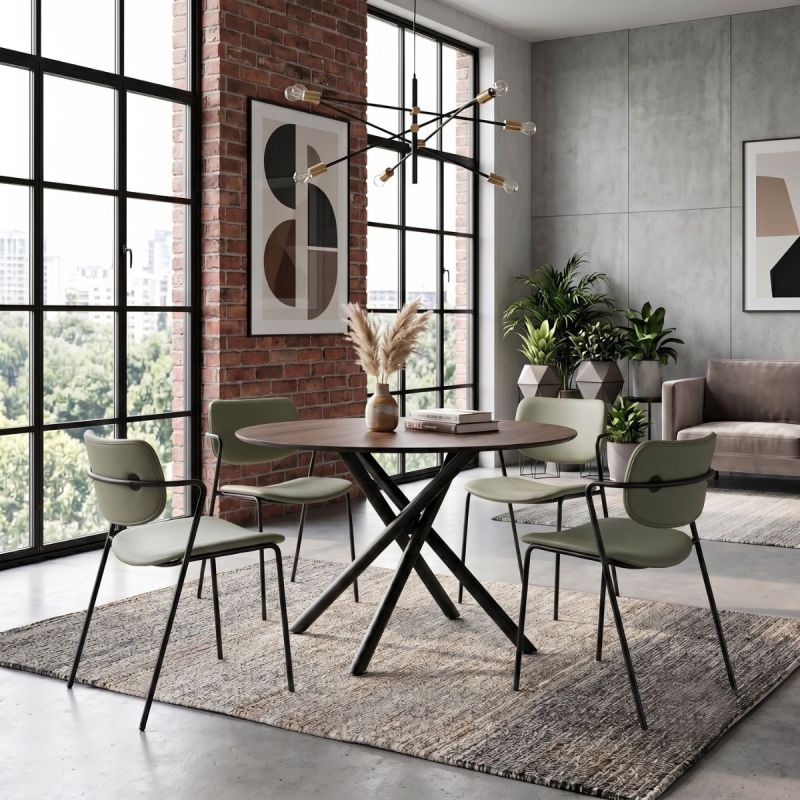 Table ronde design + 4 chaises PU vert et métal noir - AMAEL