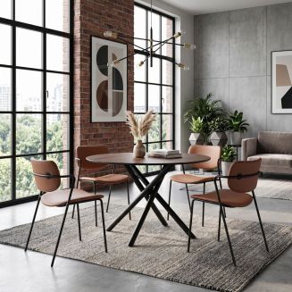 Table ronde design + 4 chaises PU brique et métal noir - AMAEL