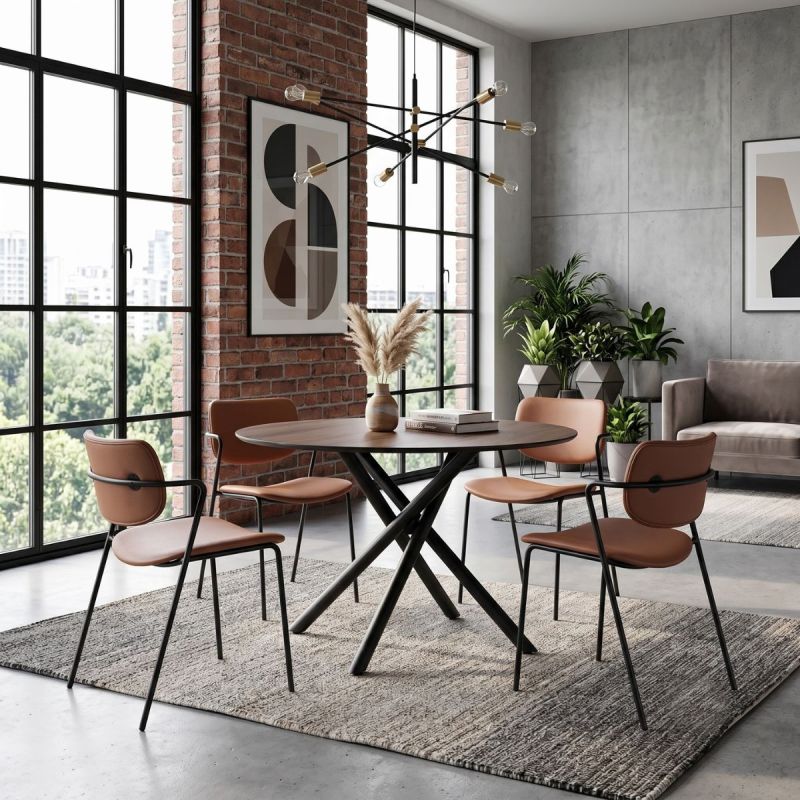 Table ronde design + 4 chaises PU brique et métal noir - AMAEL