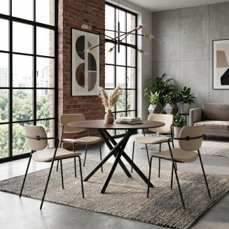 Table ronde design + 4 chaises PU beige et métal noir - AMAEL