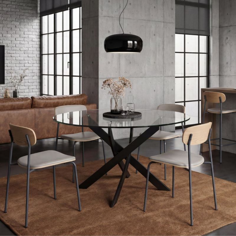 Table ronde design + 4 chaises bois-PU beige et métal noir - DESIAL