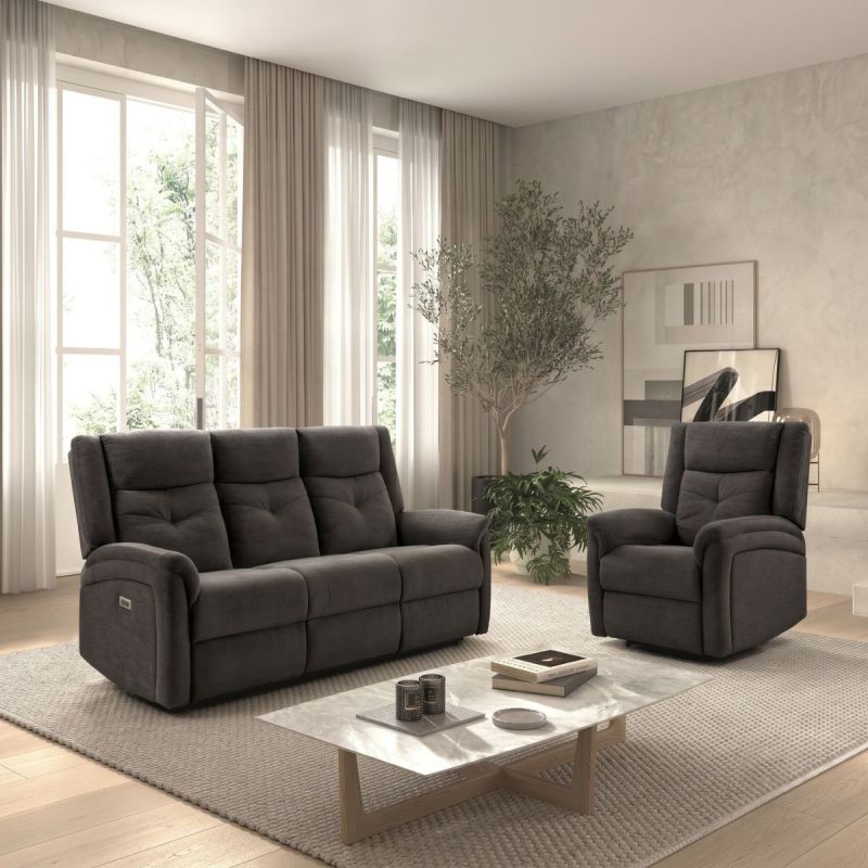 Ensemble canapé élec 3pl + fauteuil relax tissu gris foncé - MELILLA