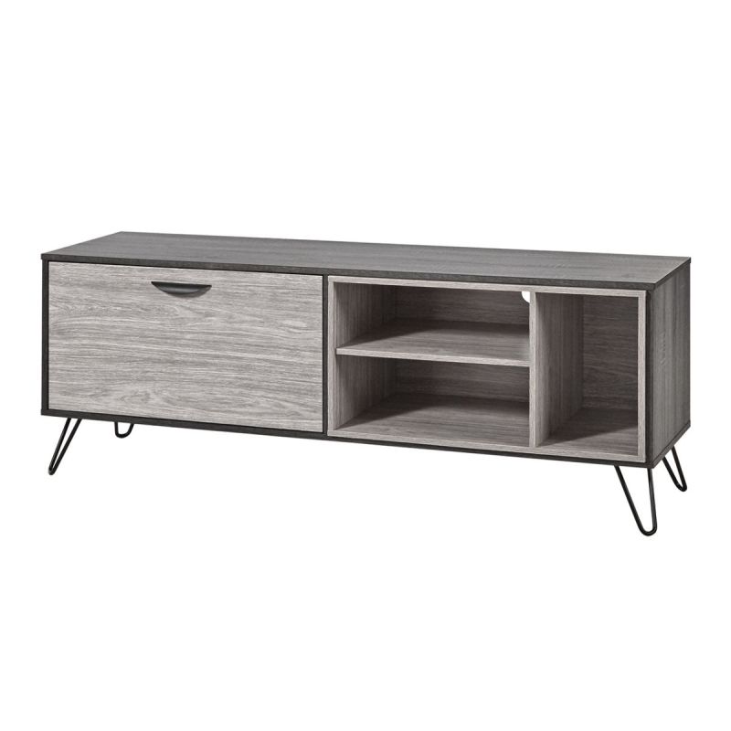Meuble TV 1 porte 3 niches 150cm aspect bois grisé et noir - BROOKLYN