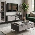 Meuble TV 1 porte 3 niches 150cm aspect bois grisé et noir - BROOKLYN