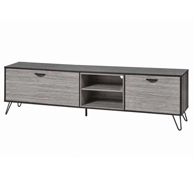 Meuble TV 2 portes 2 niches 180cm aspect bois grisé et noir - BROOKLYN