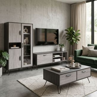 Ensemble meuble TV 150cm + table Basse + argentier bois grisé et noir - BROOKLYN