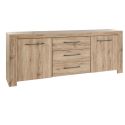 Buffet 2 portes 3 tiroirs finition chêne doré poignées métal gris - ELMER