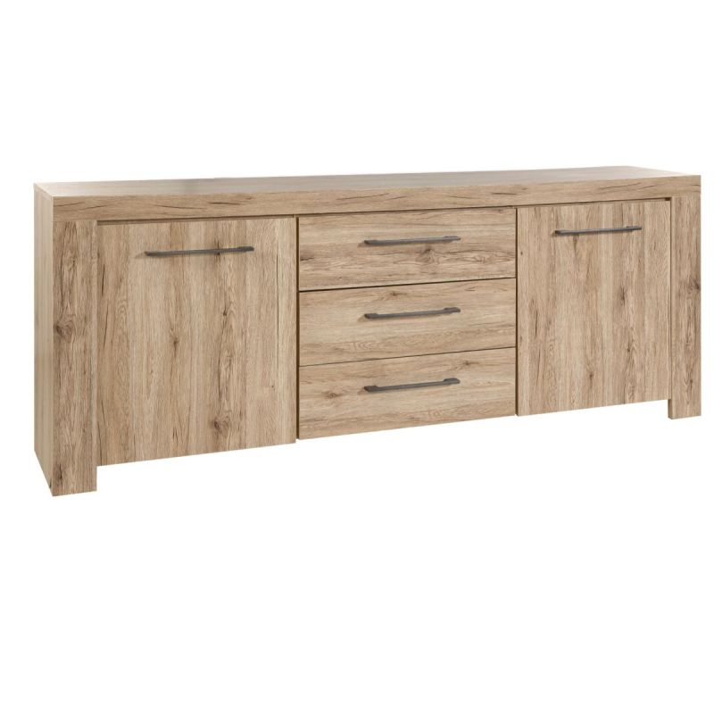 Buffet 2 portes 3 tiroirs finition chêne doré poignées métal gris - ELMER