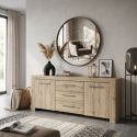 Buffet 2 portes 3 tiroirs finition chêne doré poignées métal gris - ELMER