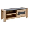 Meuble TV 1 porte coulissante finition chêne et gris ardoise - OLYMPE