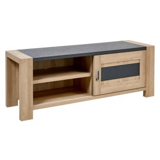 Meuble TV 1 porte coulissante finition chêne et gris ardoise - OLYMPE