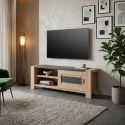 Meuble TV 1 porte coulissante finition chêne et gris ardoise - OLYMPE
