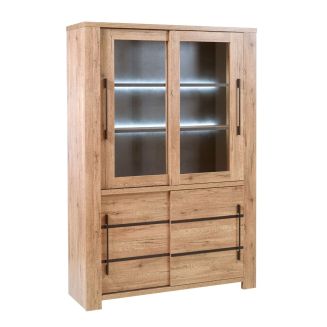 Vitrine 4 Portes aspect chêne naturel et noir mat + éclairage led- CARVIK