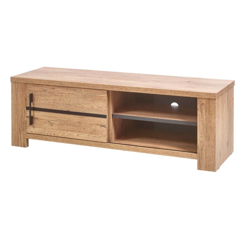 Meuble TV 1 porte coulissante aspect chêne naturel et noir mat - CARVIK