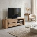 Meuble TV 1 porte coulissante aspect chêne naturel et noir mat - CARVIK