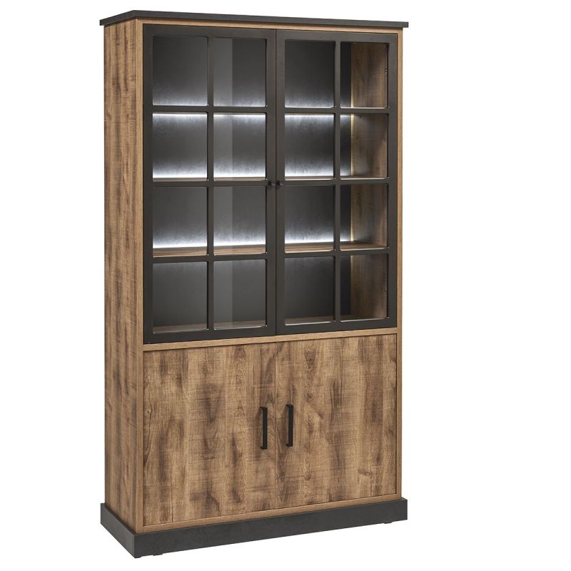 Vitrine 4 portes aspect chêne artisan et noir graphite + éclairage - URBAL