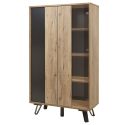 Vitrine 2 Portes aspect chêne miel et noir mat + éclairage led- SÉLÈNE