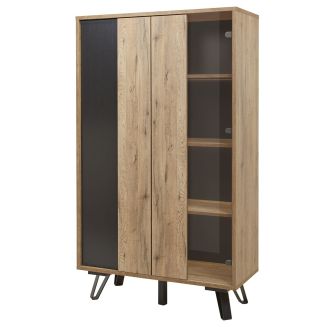 Vitrine 2 Portes aspect chêne miel et noir mat + éclairage led- SÉLÈNE