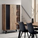 Vitrine 2 Portes aspect chêne miel et noir mat + éclairage led- SÉLÈNE