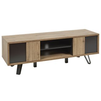 Meuble TV 2 portes 2 niches aspect chêne miel et noir mat - SÉLÈNE