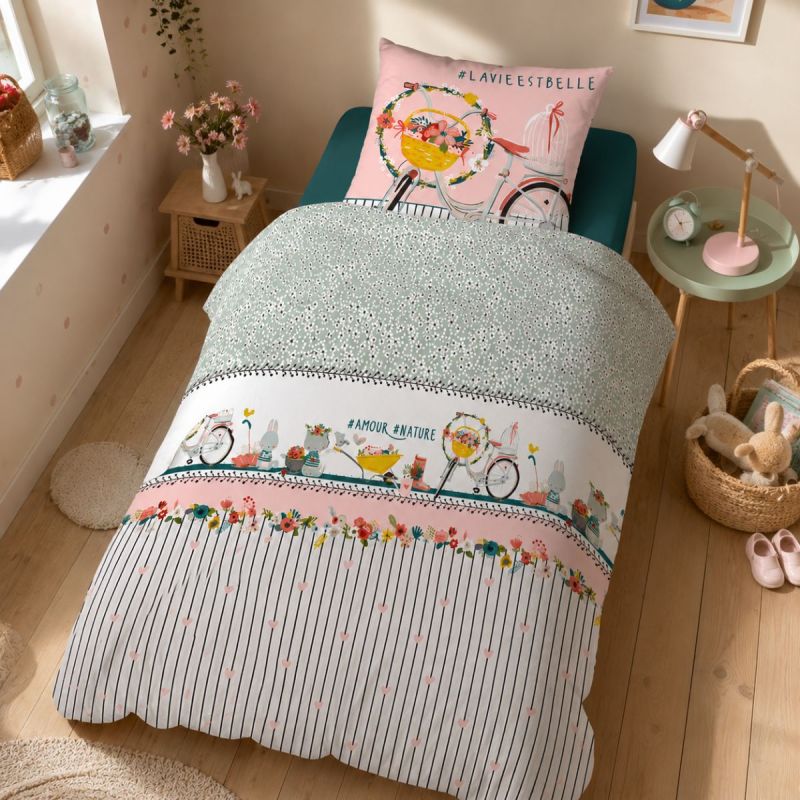 MIDEA - Parure de Lit Coton Motif Fleuri Housse de Couette 140x200cm + Taie d'Oreiller
