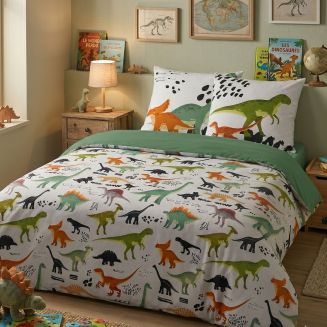 MEZO - Parure de Lit Coton Motif Dinosaures Housse de Couette 200x200cm + 2 Taies d'Oreiller