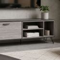 Meuble TV 1 porte 3 niches 150cm aspect bois grisé et noir - BROOKLYN