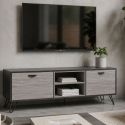 Meuble TV 2 portes 2 niches 180cm aspect bois grisé et noir - BROOKLYN