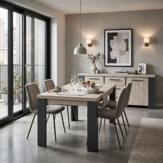 Séjour table + buffet finition chêne clair et gris ardoise - HADÈS