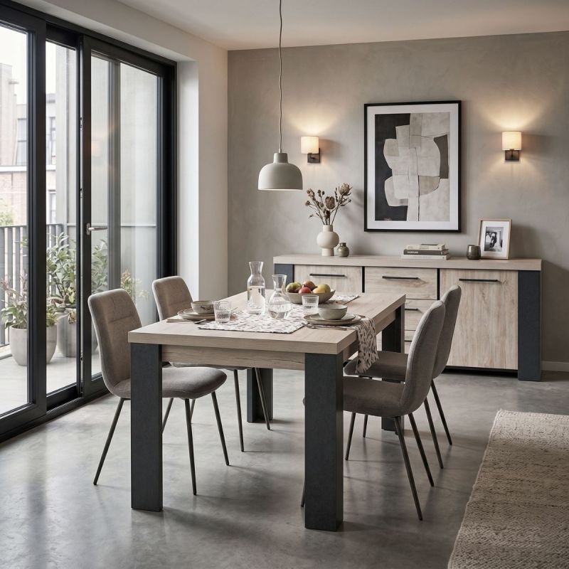 Séjour table + buffet finition chêne clair et gris ardoise - HADÈS