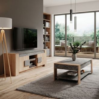 Ensemble table basse et meuble TV aspect chêne clair et granit gris - AZYA