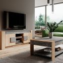 Ensemble table basse et meuble TV aspect chêne clair et granit gris - AZYA