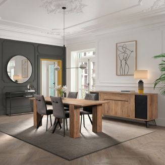 Ensemble séjour table allongeable aspect chêne miel et noir - SÉLÈNE