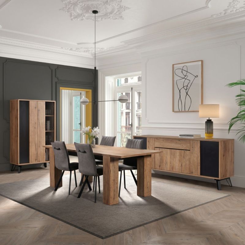 Ensemble séjour complet table allongeable aspect chêne miel et noir - SÉLÈNE