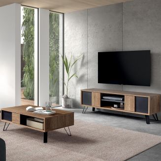 Ensemble table basse et meuble TV aspect chêne miel et noir - SÉLÈNE