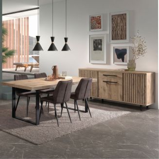 Séjour table 170cm avec buffet 3P aspect bois Canyon décor tasseaux - BARTON