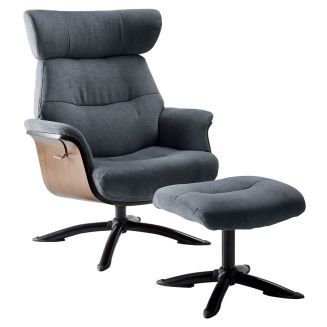 Fauteuil relax manuel pivotant + repose-pieds bois et tissu bleu - NAKANO