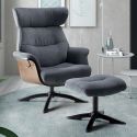 Fauteuil relax manuel pivotant + repose-pieds bois et tissu bleu - NAKANO