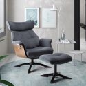 Fauteuil relax manuel pivotant + repose-pieds bois et tissu bleu - NAKANO