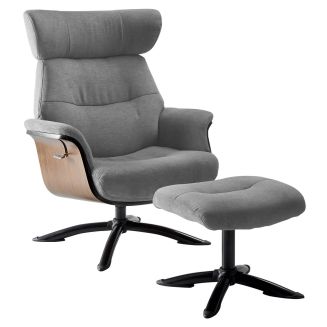 Fauteuil relax manuel pivotant + repose-pieds bois et tissu gris - NAKANO
