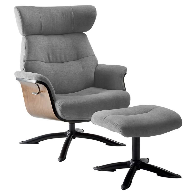 Fauteuil relax manuel pivotant + repose-pieds bois et tissu gris - NAKANO