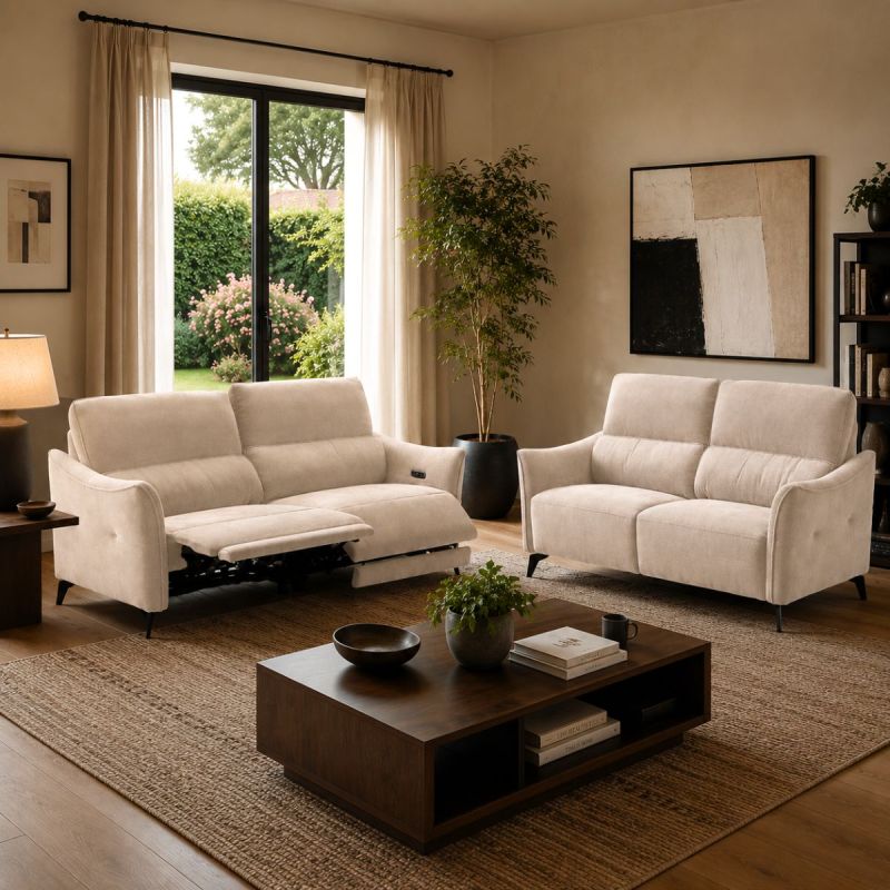 Ensemble Canapés 3P relax élec + 2P fixe tissu Waterproof beige - GARIOS