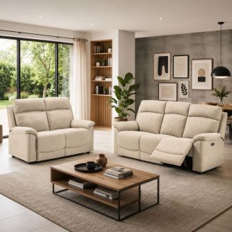 Ensemble Canapés 3P relax élec + 2P fixe tissu Waterproof ivoire - BRIANA
