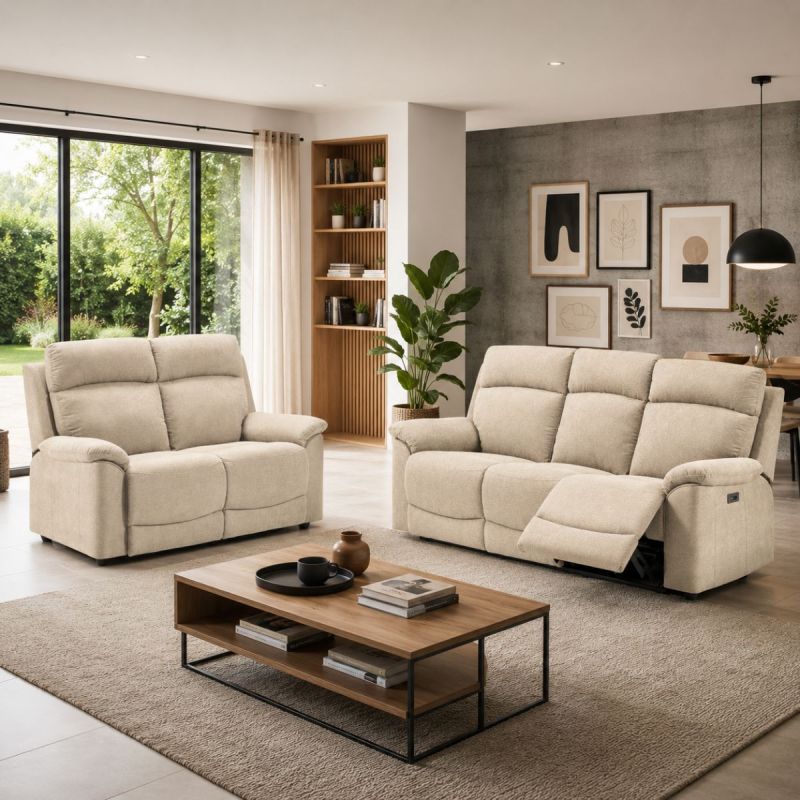 Ensemble Canapés 3P relax élec + 2P fixe tissu Waterproof ivoire - BRIANA